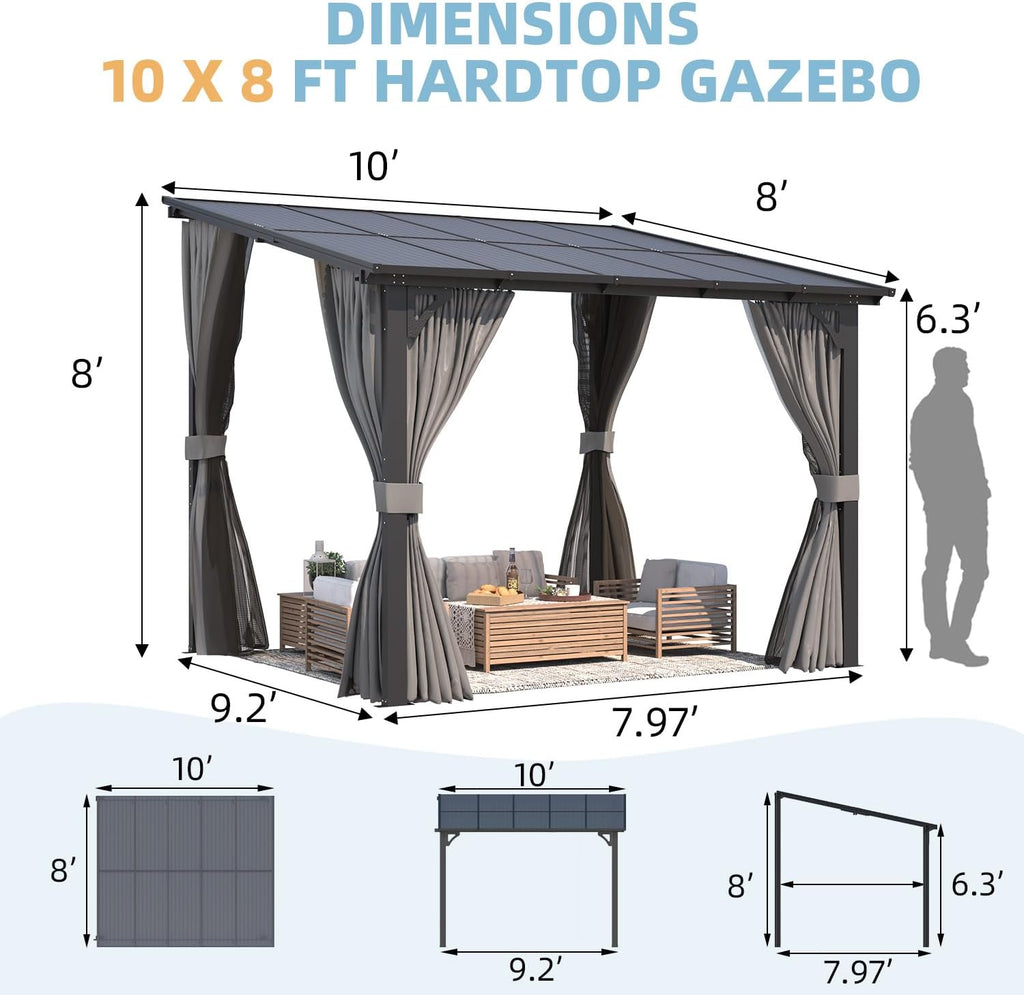 AECOJOY 10' X 8' Gazebo for Patio, Small Wall-Mounted Lean to Gazebo Pergola with Curtains and Netting, 8x10 Hard Top Pergolas and Gazebos on Clearance for Lawn Backyard Garden Deck