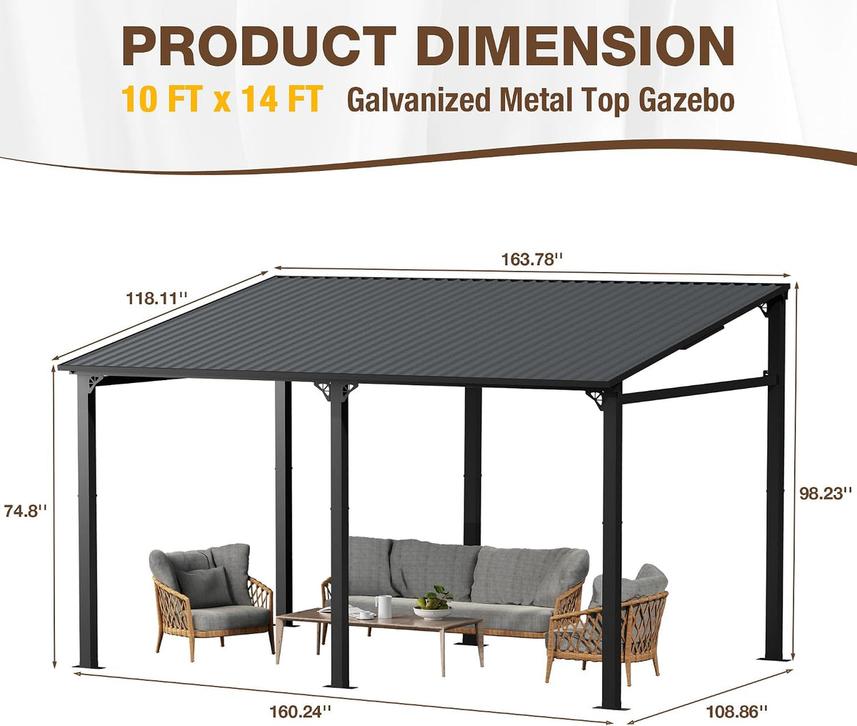EBE 14' x 10' Hardtop Gazebo, Lean to Gazebos with Galvanized Steel Roof, Heavy Duty Outdoor Pergola and Gazebos Clearance, Wall Mounted Grill Gazebo Awning for Patio, Poch, Backyard