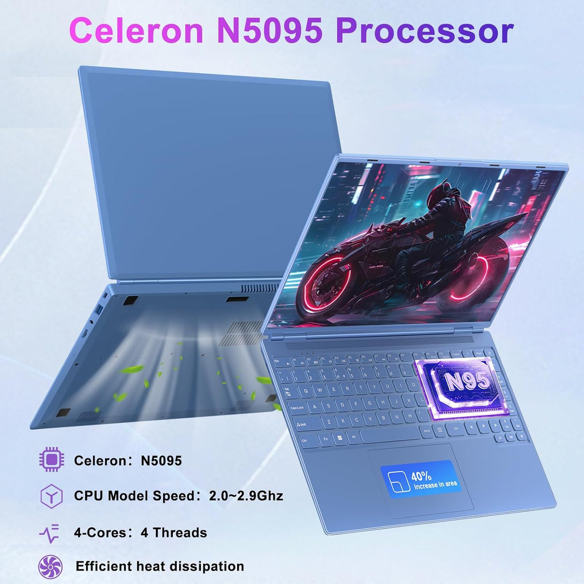 2025 16 Inch Gaming Laptop N5095 (Up to 2.9 GHz) 12GB+512GB SSD Support 1TB Expand Win 11 Laptops 1920 * 1200 FHD Screen 5G WiFi BT 4.2 Webcam Cooling Fan Numeric Keypad-Blue