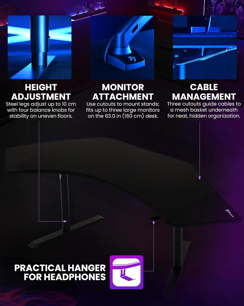 Arozzi Arena Angelo L Shaped GamingDesk, PC GamingDesk L Shape, Height Adjustable L Shaped Standing Desk for Home Office, with Full Coverage Mouse Pad (Pure Black)