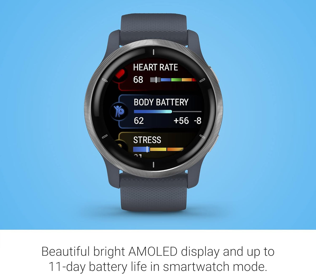 Garmin 010-02430-00 Venu 2, GPS Smartwatch, Advanced Health Monitoring, Fitness Features, Silver Bezel with GraniteBlue Case and Silicone Band