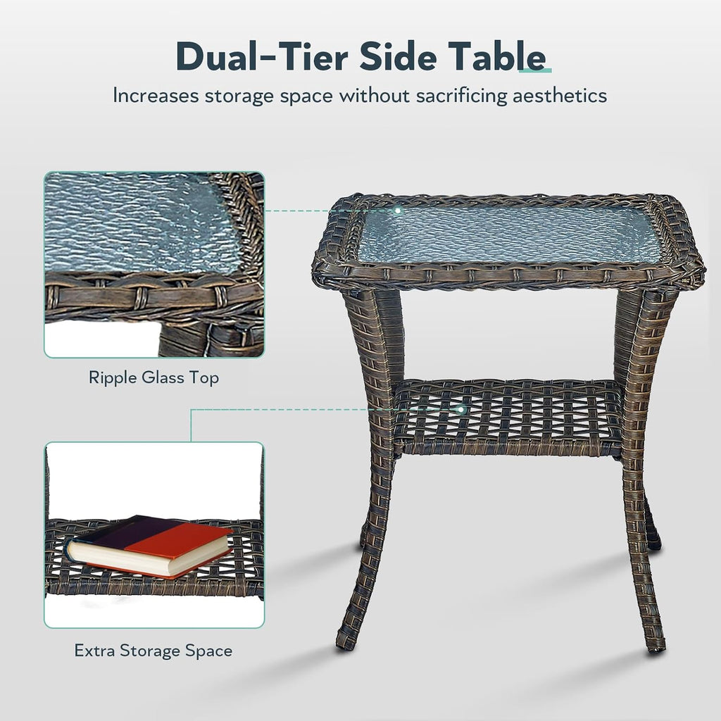 5 Piece Patio Furniture Set - Wicker Patio Conversation Set with Swivel Glider, Loveseat Bench, Tempered Glass Side Table and Coffee Table for Deck Backyard - Brown Wicker Grey Cushion
