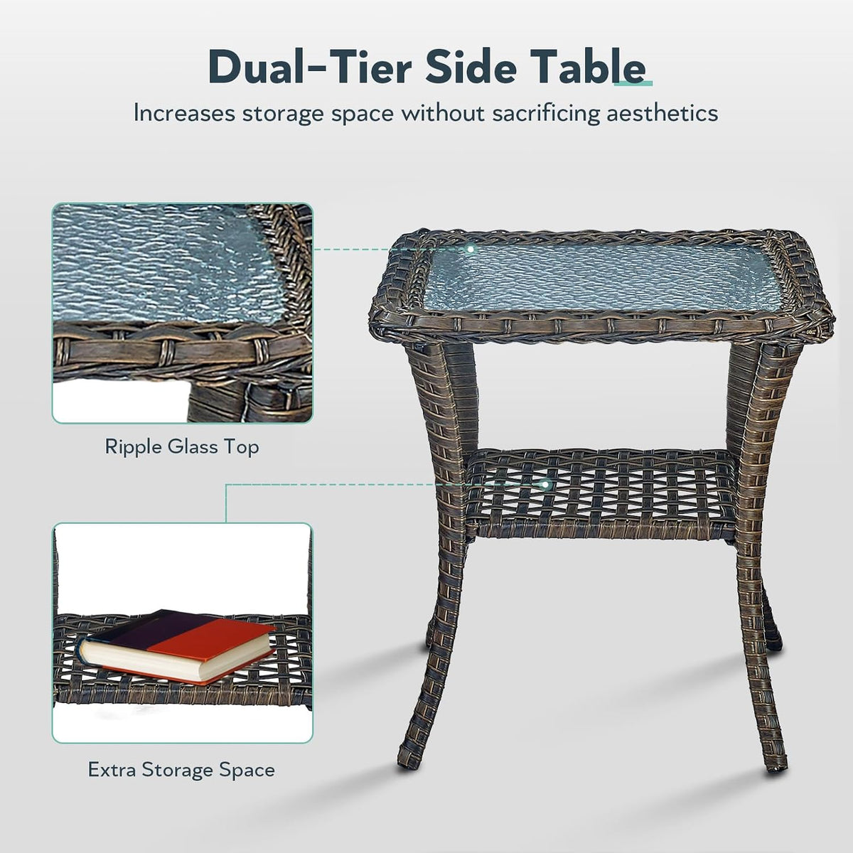5 Piece Patio Furniture Set - Wicker Patio Conversation Set with Swivel Glider, Loveseat Bench, Tempered Glass Side Table and Coffee Table for Deck Backyard - Brown Wicker Grey Cushion