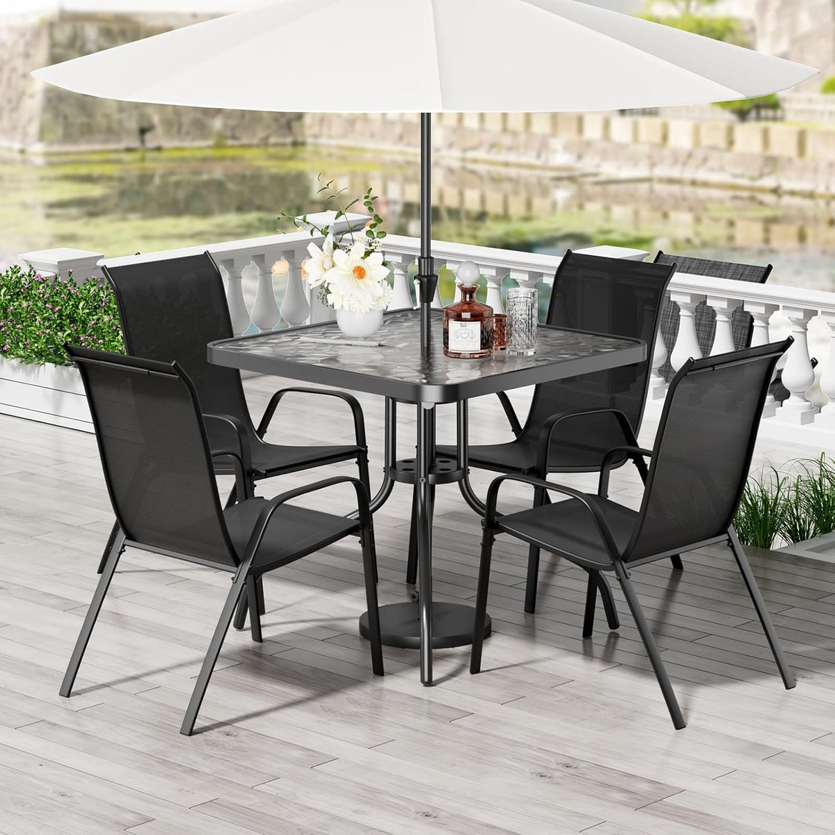 TLSUNNY Patio Dining Set 5 Pieces, All Weather Outdoor Furniture W/30'X 30' Table and 4 Stackable Textilene Chairs, Metal Table and Chairs for Lawn, Garden, Poolside, Backyard (Umbrella not Included)