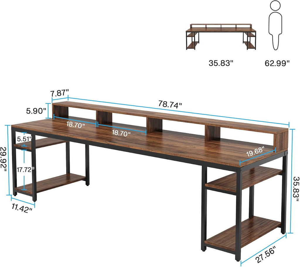 Tribesigns Two Person Desk with Monitor Stand, 78.74' Long Double Computer Office Desk with Storage Shelves, Large Gaming Study Writing Table Workstation for Home Office (Rustic Brown)