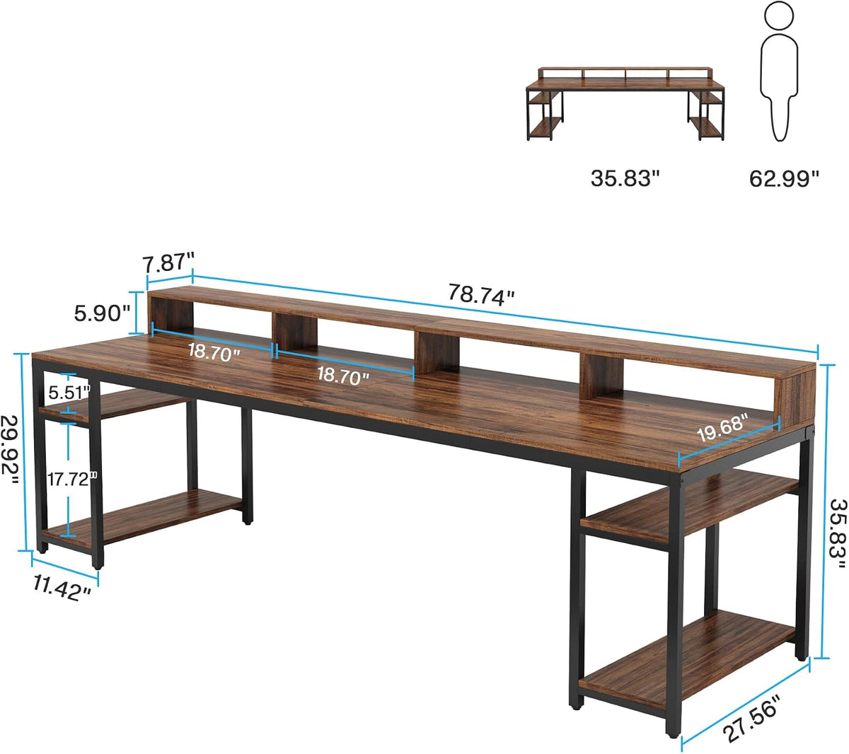 Tribesigns Two Person Desk with Monitor Stand, 78.74' Long Double Computer Office Desk with Storage Shelves, Large Gaming Study Writing Table Workstation for Home Office (Rustic Brown)