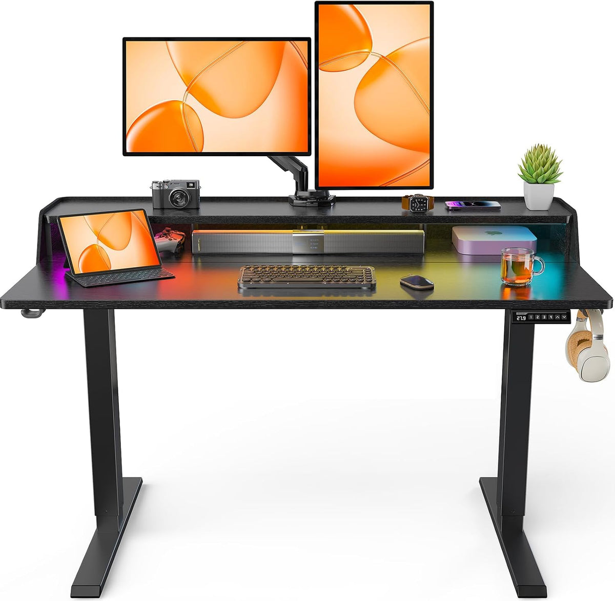 ErGear Standing Desk with LED Strip, 48″ x24″ Electric Height Adjustable RGB Gaming Desk with Shelf, Sit Stand Desk with Dual Cable Holes, C-Clamp Mount Compatible, 4 Preset Heights, Black