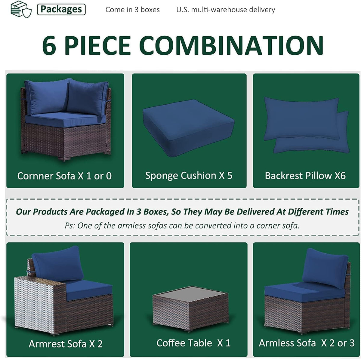8 PCS Outdoor Patio Furniture Set,Outdoor Sectional Furniture All Weather PE Rattan Wicker Patio Conversation Set with 2 Ottomans and Coffee Table,Navy Blue