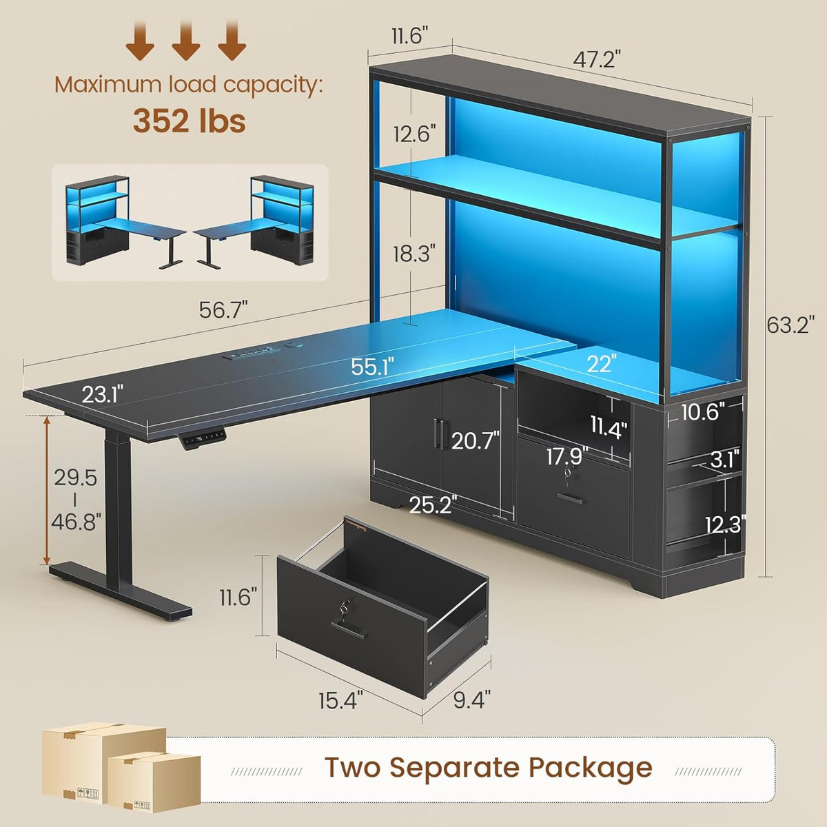 SEDETA 56.7' L Shaped Standing Desk, Reversible Computer Office Desk with Drawers & Hutch, Stand Up Corner Gaming Desks with LED Lights & Power Outlets for Home Office, Black