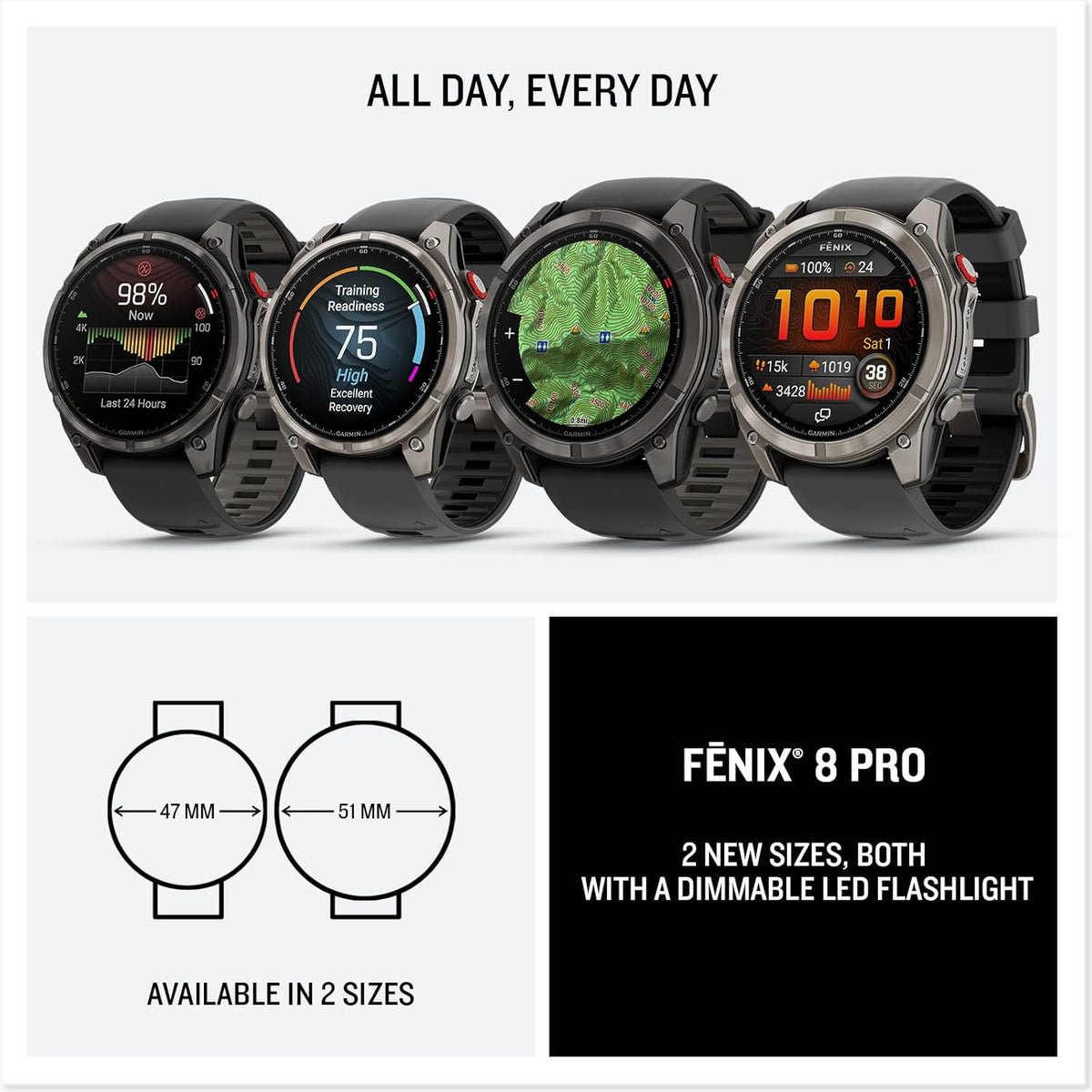 Garmin Fenix 8 Pro 47mm, inReach Technology, AMOLED Display, Premium Connected Multisport GPS Smartwatch, Sapphire, Titanium with Graphite/Black Silicone Band, Fitness Smart Watch Bundle