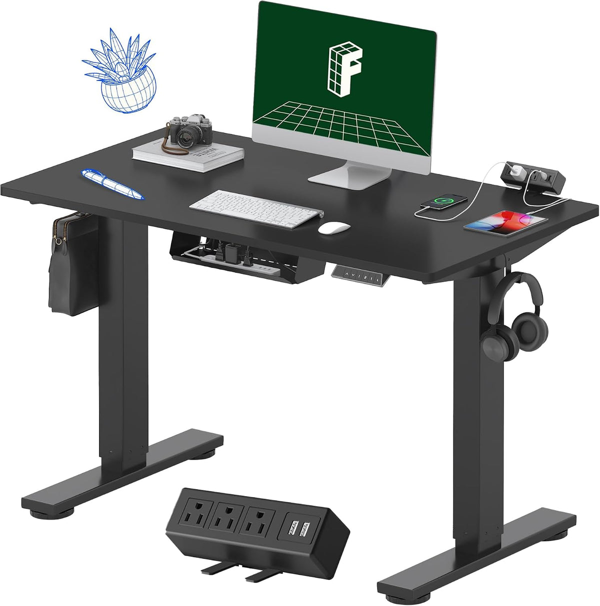 FLEXISPOT EN2 Whole-Piece Standing Desk with Clamp Power Strip, 40 x 24'' Electric Stand Up Height Adjustable Desk with Cable Management (Black Frame + 40' Black Top)