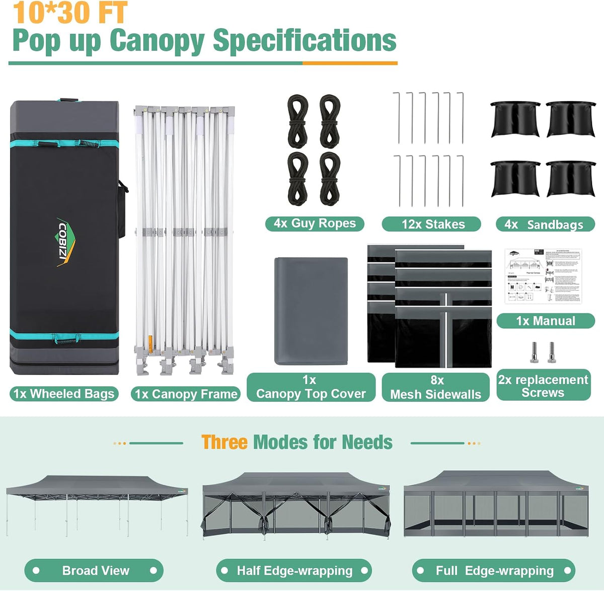 COBIZI 10x30 Canopy Tent, Heavy Duty Pop up Canopy with Sidewalls, Waterproof Easy Setup Canopy with Mosquito Netting, Outdoor Instant Screen Tents for Parties, Wedding with Roller Bag, Gray