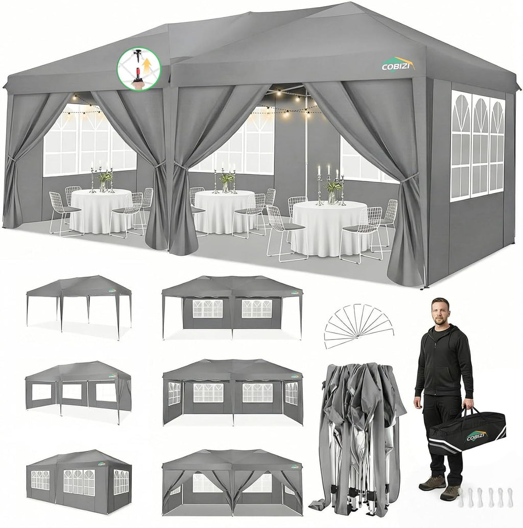 COBIZI 10x20 Pop Up Canopy Tent with 6 Sidewalls Easy Pop Up Tent 10x20 Waterproof Commercial Instant Shelter UPF 50+ Portable Gazebo Wedding Tents for Parties Carport Vender Events, Gray