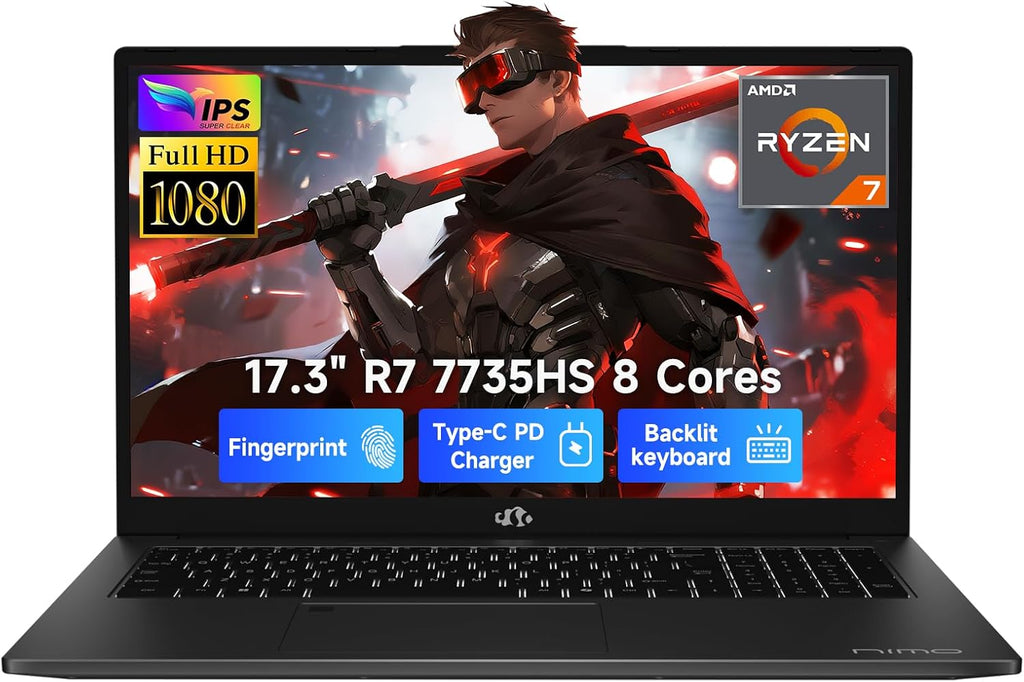 NIMO 17.3' FHD Gaming Laptop – AMD Ryzen 7 7735HS 8-Core/16-Thread, Radeon 680M Graphics, 16GB DDR5, 1TB NVMe SSD, Light Gaming & Esports Ready, Backlit Keyboard, Fingerprint Unlock, 100W PD Type-C
