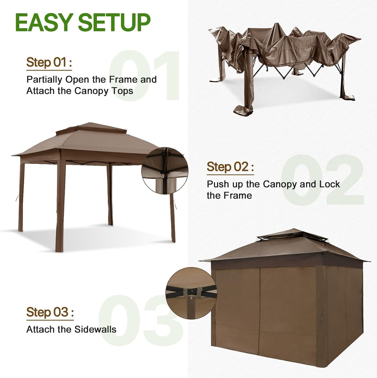 COOS BAY 11x11 Pop Up Gazebo with 4 Sidewalls, Instant Outdoor Canopy Tent with UPF 50+ UV Protection, Water Resistant Shelter with Carry Bag, Stakes & Ropes, Brown