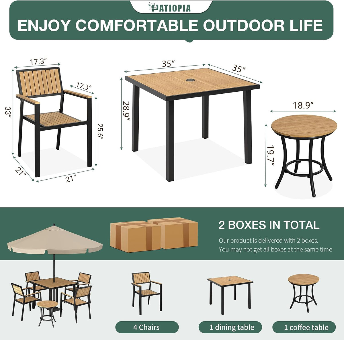 6-Piece Patio Dining Set, Outdoor Weather Resistant Plastic-Wood Table & 4 Stackable Chairs, Outdoor Durable Aluminum Frame Furniture for Garden, Poolside, Backyard (Teak, 6 PCS)
