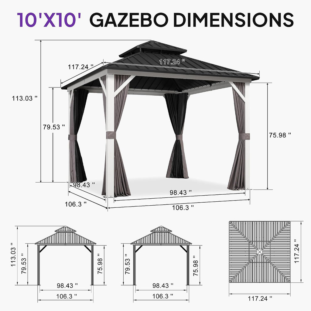 PURPLE LEAF 10' X 10' Hardtop Gazebo Metal Double Roof White Aluminum Frame Outdoor Heavy Duty Gazebo with Curtain and Netting for Patio Garden and Backyard, Grey