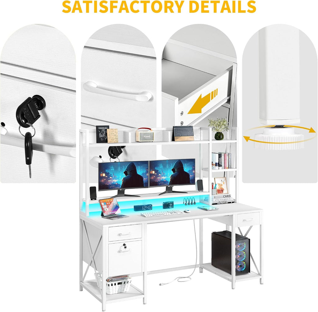 DWVO Computer Desk with Drawers & Hutch, 59.1' Office Desk with Power Outlets & LED Lights, Home Office Desk with Storage Shelves, White