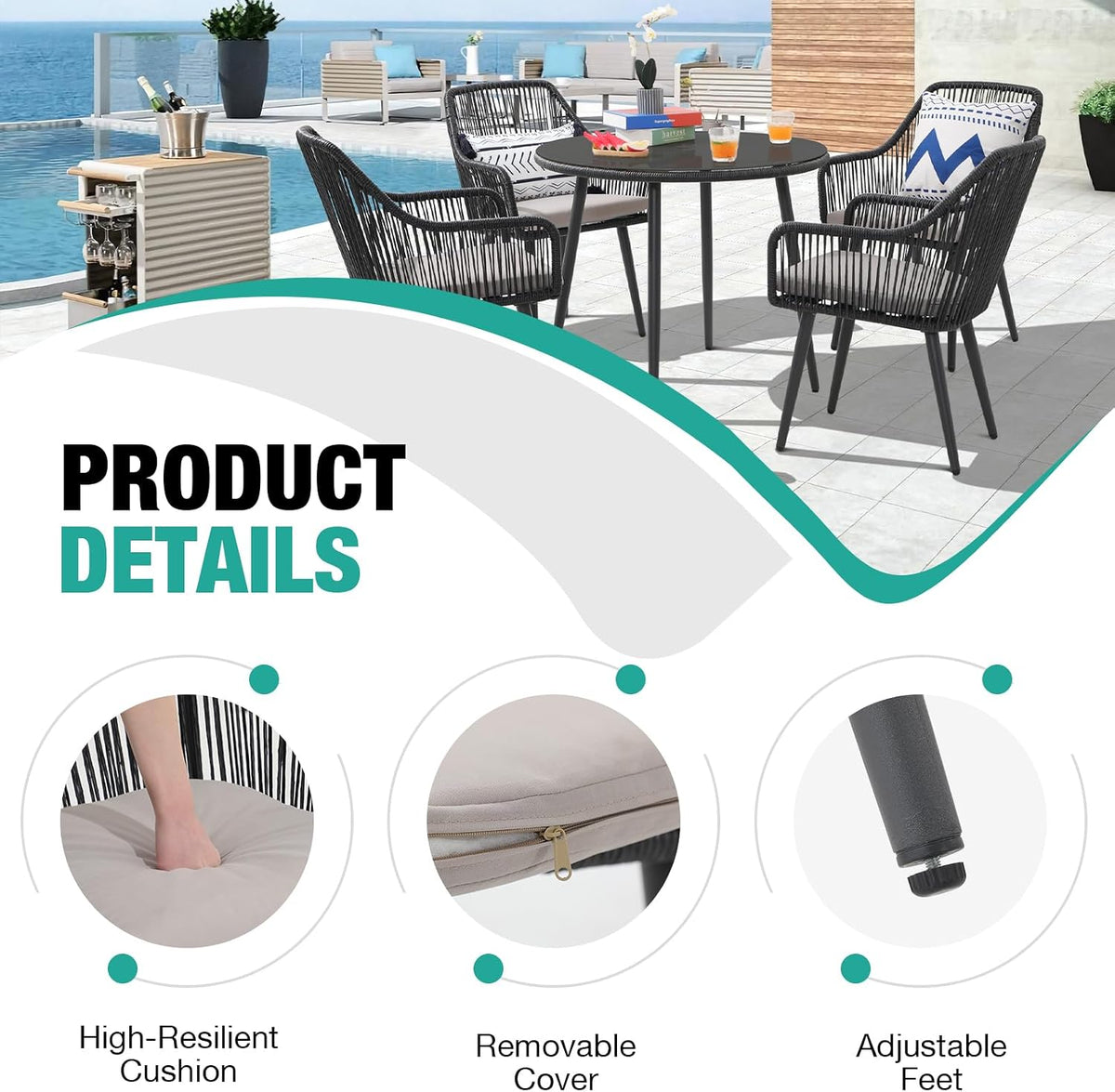 Patiorama 5-Piece Patio Dining Set,Outdoor Dining Table Chair Set,All-Weather Twisted Rattan Wicker Rope Conversation Set,Patio Furniture Set w/Umbrella Hole,4 Cushioned Chairs&Glass Table(Dark Black)