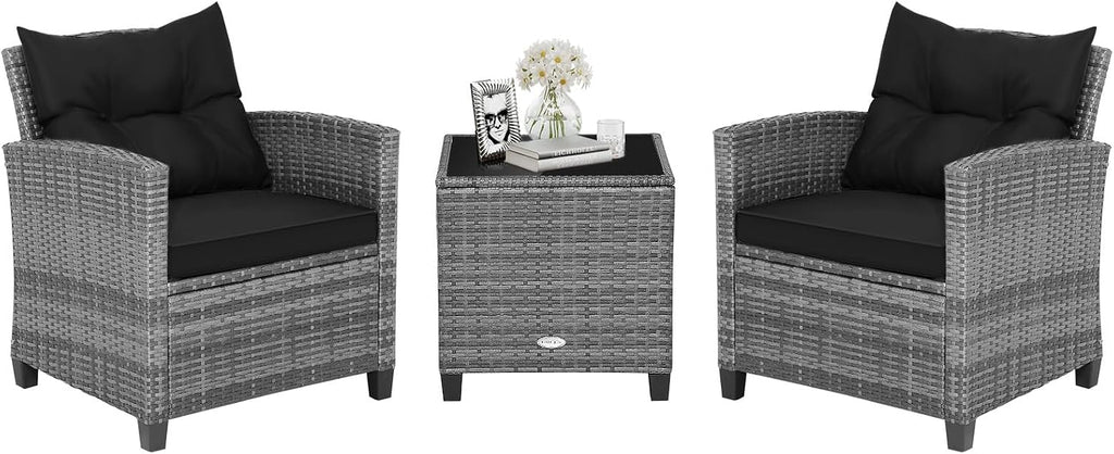 HAPPYGRILL 3 Pieces Patio Conversation Set, Outdoor Furniture Set PE Rattan Sofa Set with Removable Cushions, PE Wicker Chairs with Tempered Glass Side Table for Porch Lawn Garden Balcony Backyard