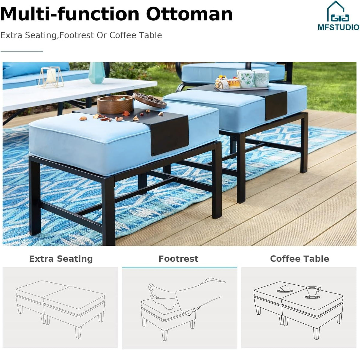MFSTUDIO 8 Pieces Patio Furniture Sets with 45' Gas Fire Pit Table(Up to 9 Seat),Outdoor Metal Conversation Sofas with 1 x 3-Seat Sofa, 2 Single Chairs,2 Rocking Chairs and 2 Ottoman,Blue Cushion