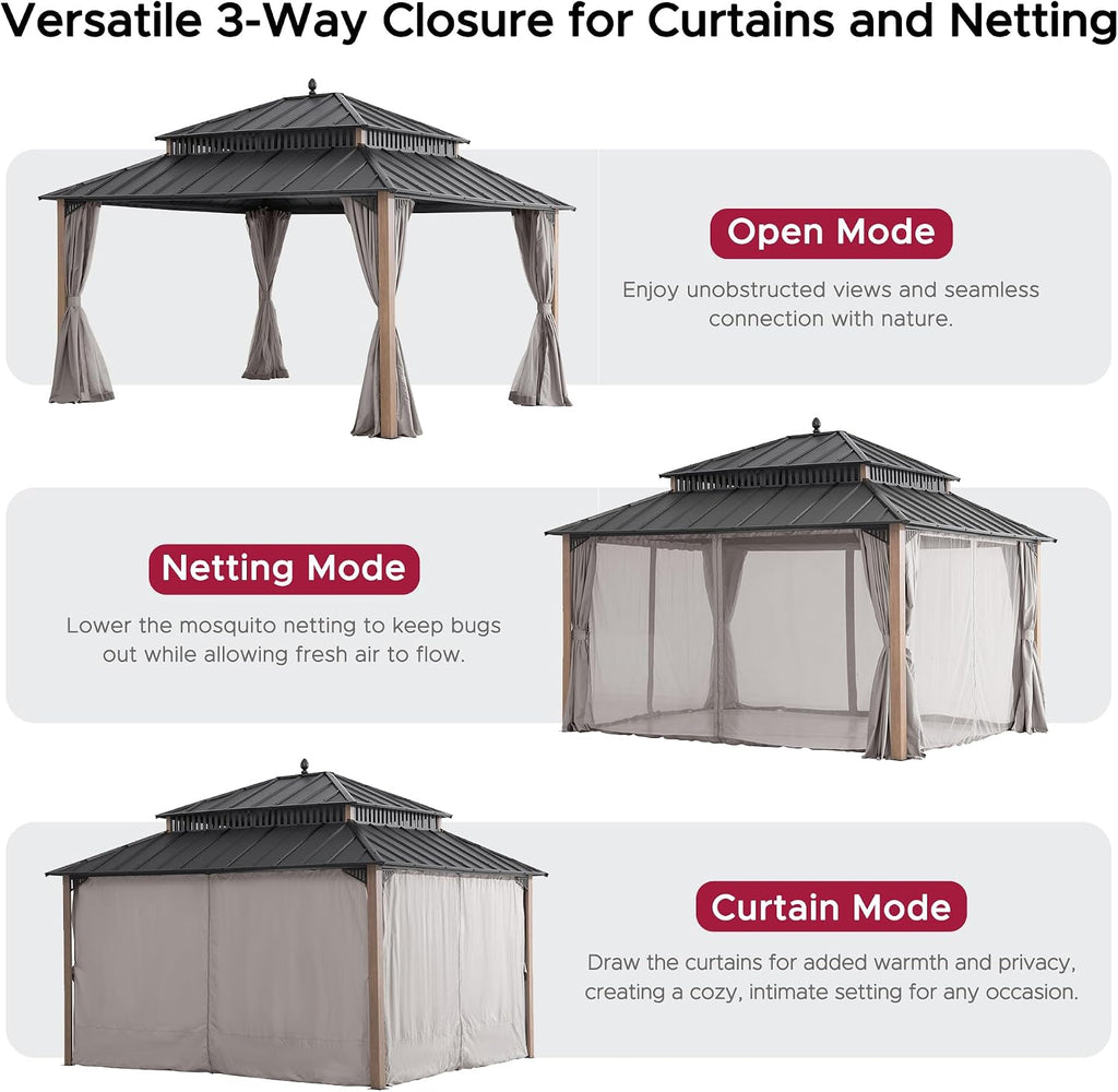 SUNJOY Kingston 14' x 12' Hardtop Gazebo with Curtain, Netting and Galvanized Steel Double Roof, Woodgrain Finish Aluminum Posts Permanent Pavilion Gazebo for Garden, Patio, Deck, Lawn