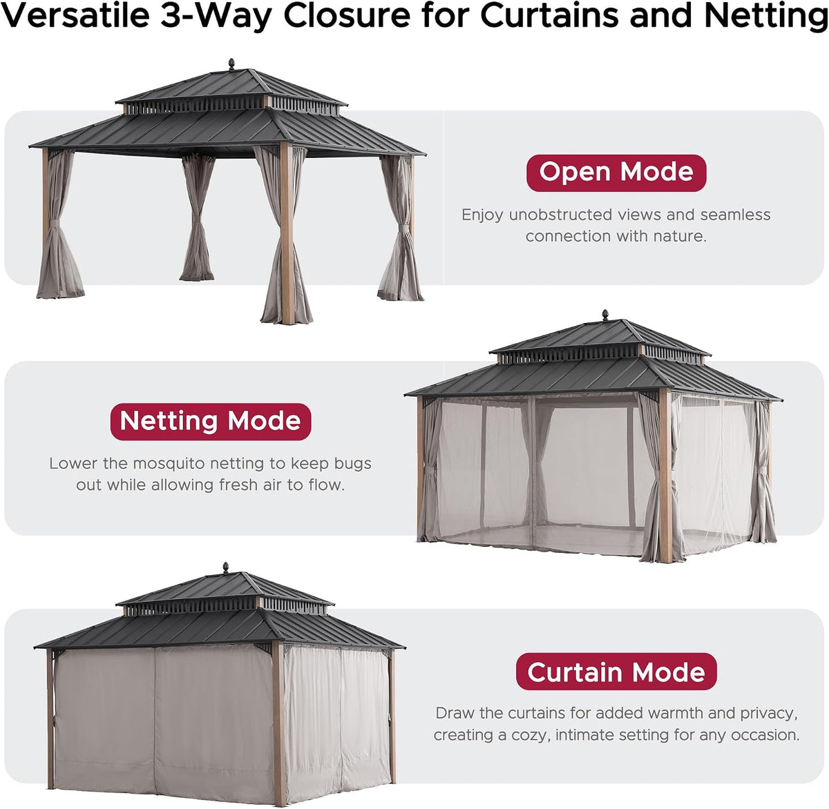 SUNJOY Kingston 14' x 12' Hardtop Gazebo with Curtain, Netting and Galvanized Steel Double Roof, Woodgrain Finish Aluminum Posts Permanent Pavilion Gazebo for Garden, Patio, Deck, Lawn