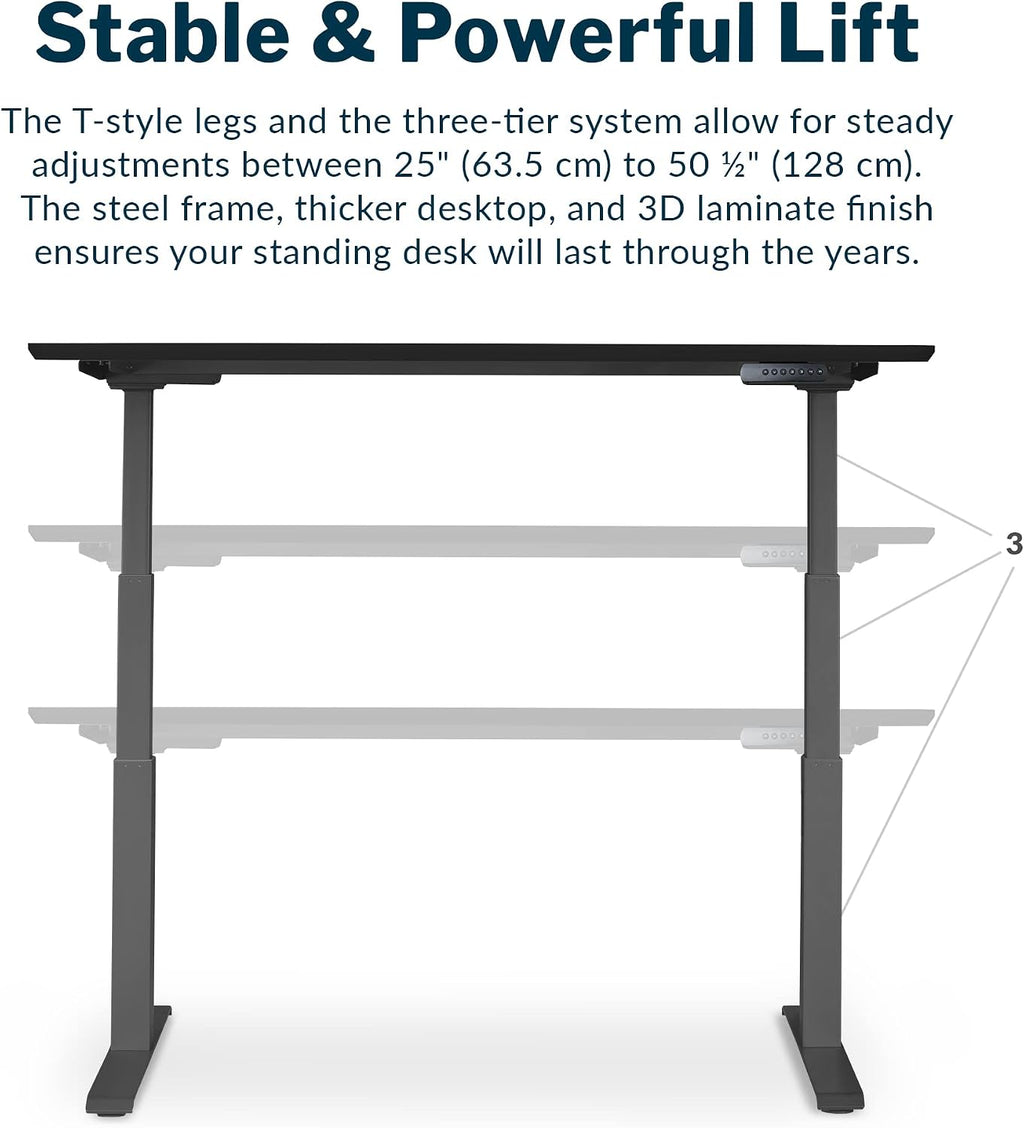 Vari Classic Electric Standing Desk - VariDesk Height Adjustable Sit/Stand Desk - Dual Motor with Memory Presets, Stable T-Style Legs - Gaming or Home Office Workstation - 60'x30', Black
