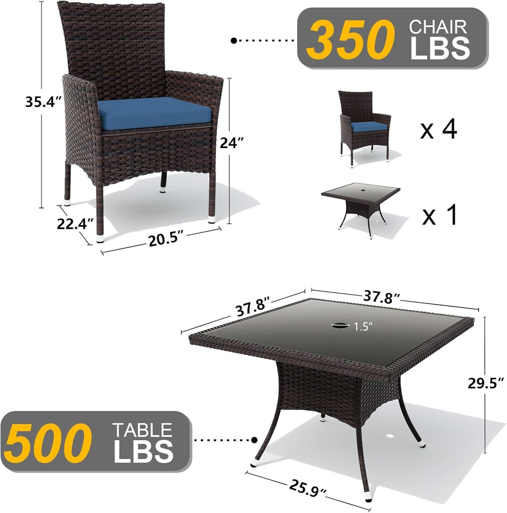 Gotland 5 Piece Outdoor Dining Set, All-Weather Rattan Patio Furniture Set with Umbrella Hole Tempered Glass Square Table, Outdoor Table and Chairs with Removable Cushions for Backyard, Deck, Navy
