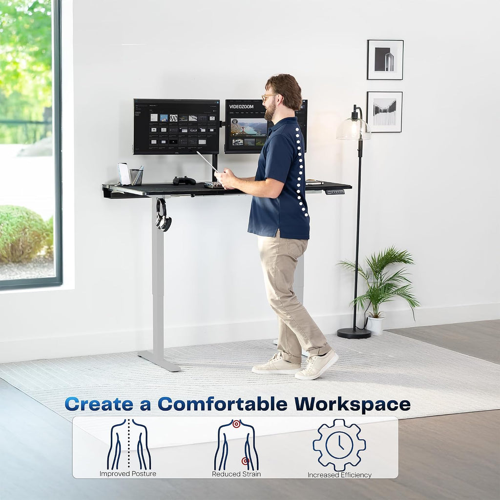 VIVO Electric 60 x 30 in Standing Adjustable Gaming Desk with Hidden Cable Trays, Full-Size Mouse Pad, Black Top Gray Frame, DESK-KIT-1G6-P3B