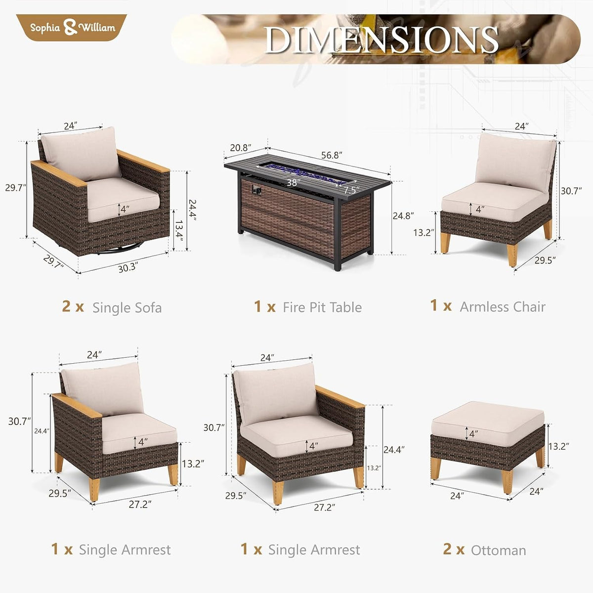 Sophia & William Patio Furniture Set with 56' Fire Pit Table & Swivel Chairs, 8 Piece Outdoor Sectional Furniture Wicker Modular Sofa Couch, Conversation Set for Deck Backyard Lawn, Beige