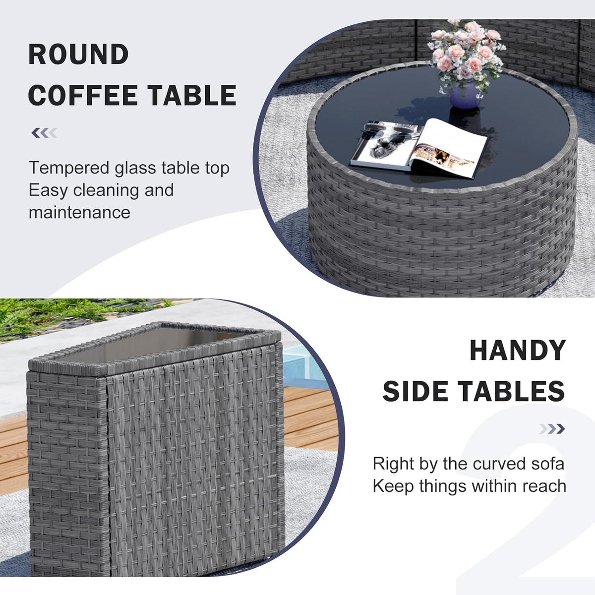 Restland Half Moon Patio Furniture Set with Tables,7 Pieces Wicker Outdoor Sectional Curved Sofas, Round Conversation Set, Grey Rattan