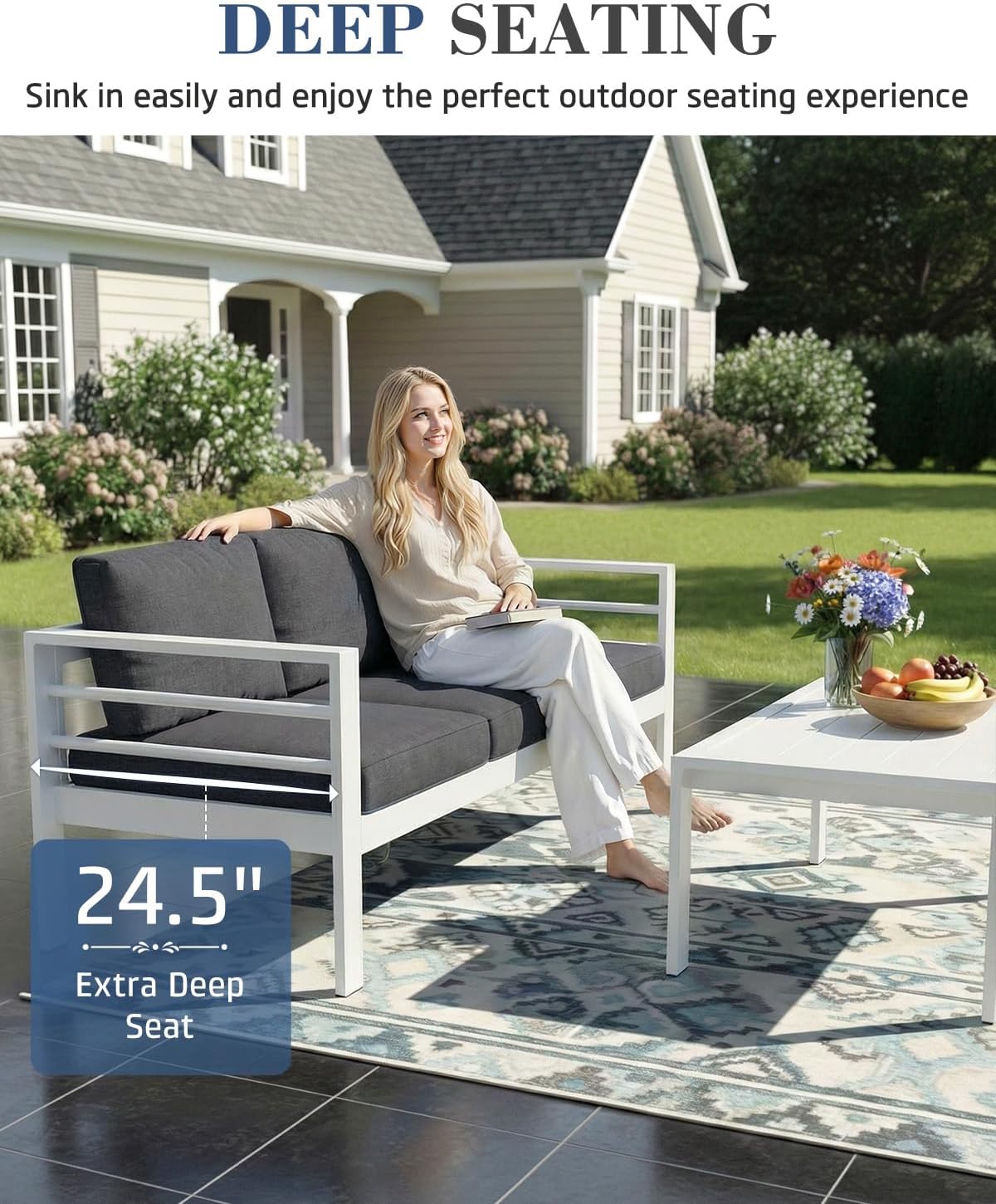 AECOJOY Aluminum Patio Furniture Set, 9 Seats Modern Outdoor Furniture with Coffee Table, 7 Pieces Metal Conversation Sectional Sofa, White Frame/Dark Gray Cushion