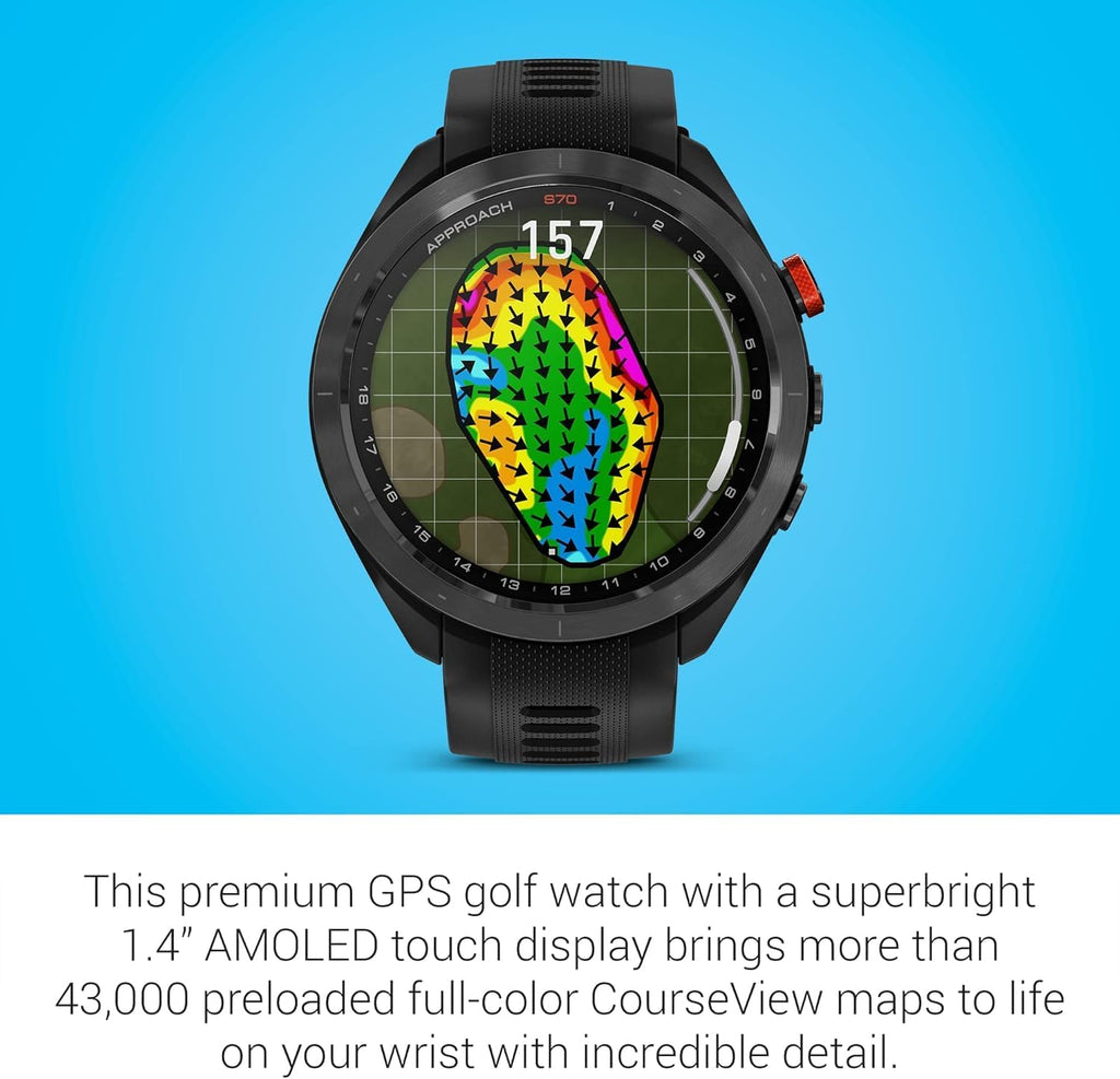 Garmin Approach S70 (Black, 47mm) Golf GPS Watch - AMOLED Display, Virtual Caddie & Playslike Distance - Gift Box Bundle with PlayBetter Screen Protectors, Wall Adapter & Hard Case
