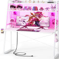 Besiost Gaming Desk with Hutch and LED Lights, Gaming Computer Desk with Power Outlets, Gamer Desk with Storage Shelves, PC Game Desk with Pegboards for Bedroom, Carbon Fiber White, 49'