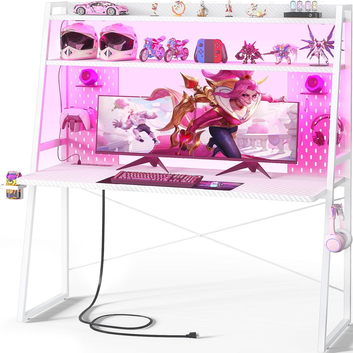 Besiost Gaming Desk with Hutch and LED Lights, Gaming Computer Desk with Power Outlets, Gamer Desk with Storage Shelves, PC Game Desk with Pegboards for Bedroom, Carbon Fiber White, 49'