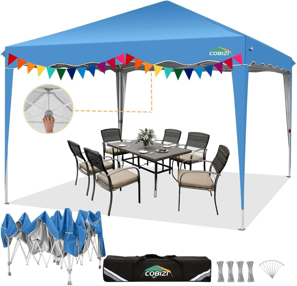 COBIZI 10x10 Pop Up Canopy Tent, Easy Up Canopy with 1-Button Push, Outdoor Canopy Tents with Wavy roof, Portable Canopy for Home, Camping, Outdoor Events, Black