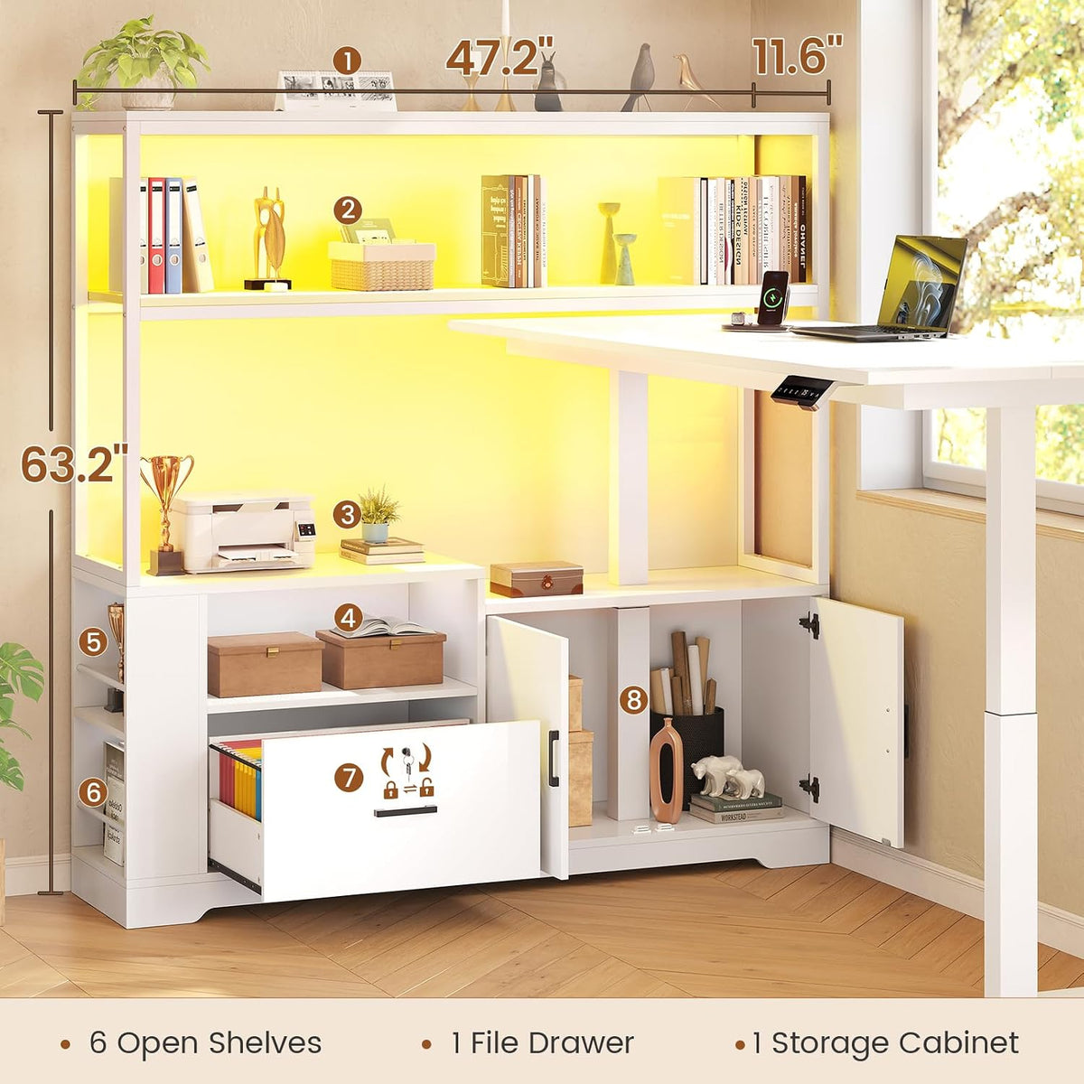 SEDETA 56.7' L Shaped Standing Desk, Reversible Computer Office Desk with Drawers & Hutch, Stand Up Corner Gaming Desks with LED Lights & Power Outlets for Home Office, White