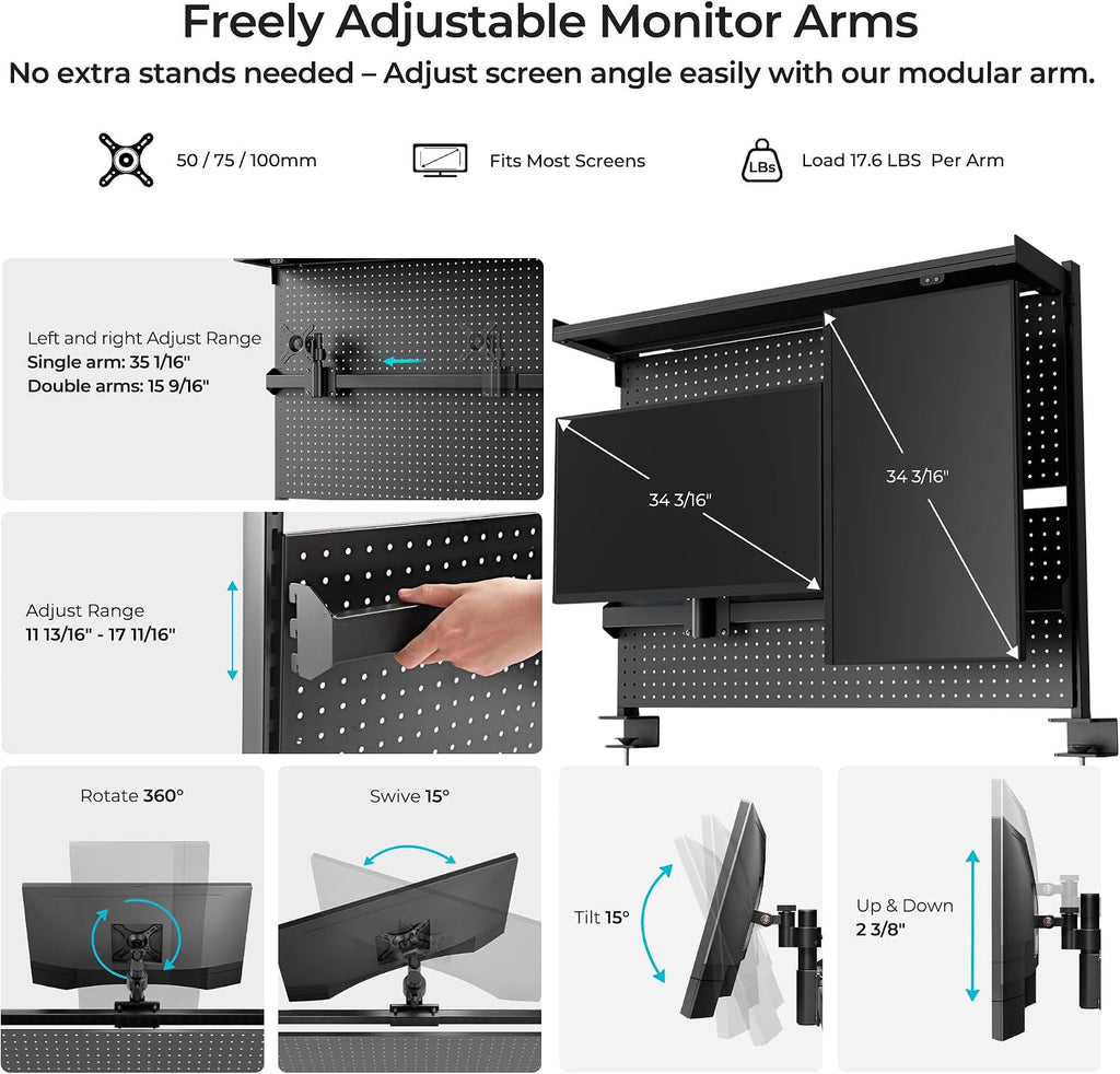 EUREKA ERGONOMIC Pegboard with Dual Monitor Stand,Steel Pegboard for Desk,Computer Accessories for Office, Privacy Panel for Gaming Desk, 4 Accessories Modular Hanging,43 x 34inch, Black