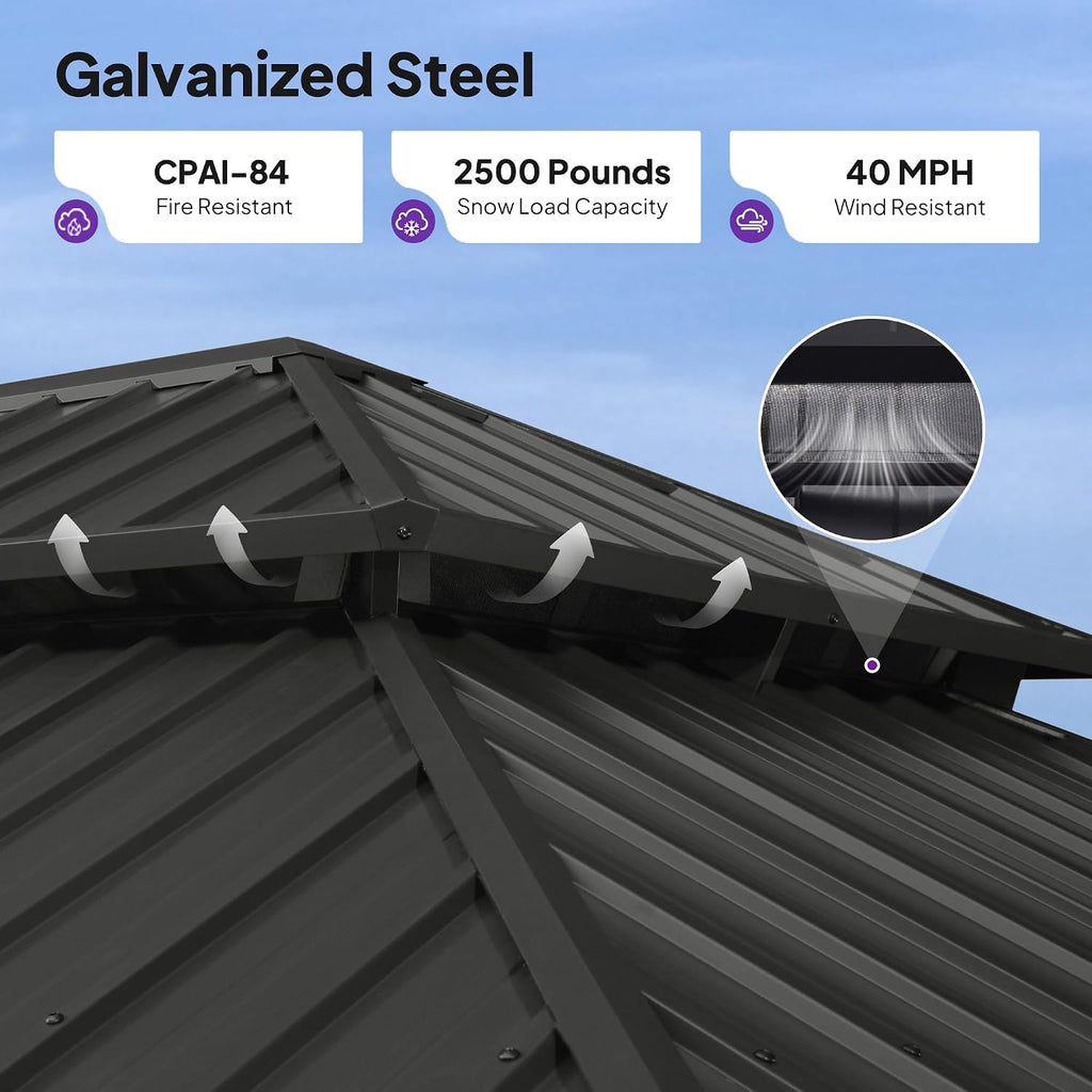 PURPLE LEAF 14' X 16' Hardtop Gazebo with Double Galvanized Steel Roof Awning and Upgrade Curtain for Patio Lawn and Garden, Grey
