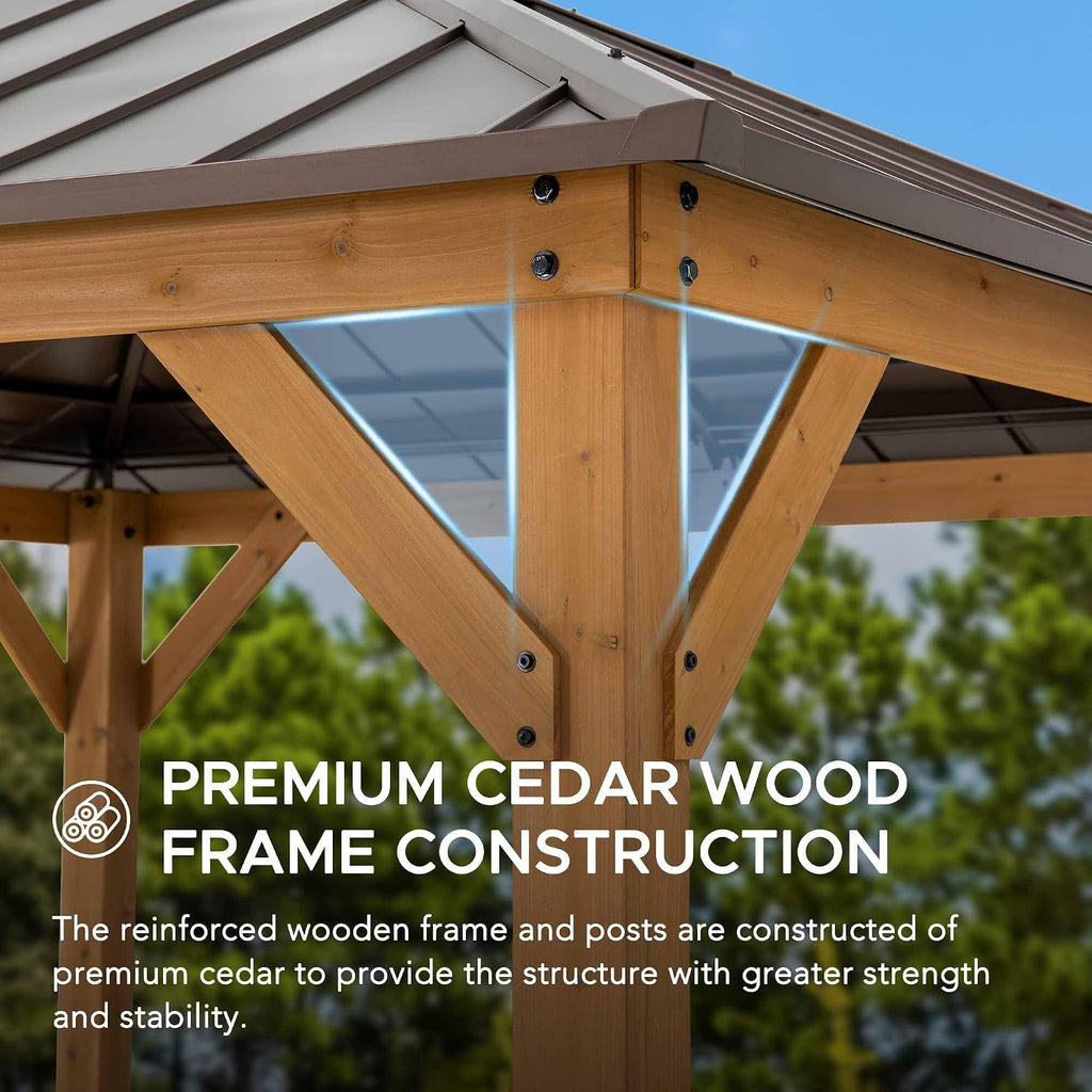 Sunjoy Hardtop Gazebo 11 x 11 ft. Cedar Framed Wood Gazebo with Brown Steel and Polycarbonate Hip Roof Hardtop for Garden, Backyard Shade