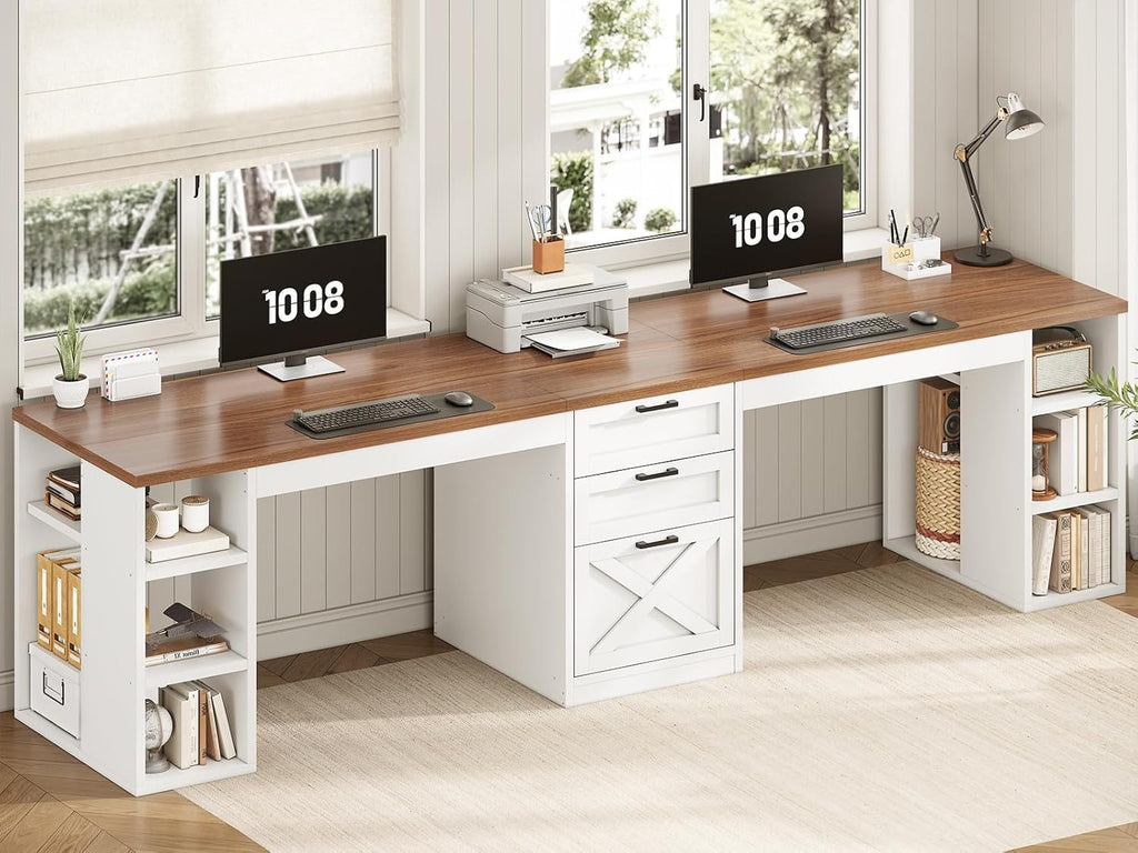 SEDETA Farmhouse 96.5' Computer Desk with Drawers, 2 Person Home Office Desk, Gaming Double Desk with Storage Shelves, Long Two Person Writing Desk (White and Brown)