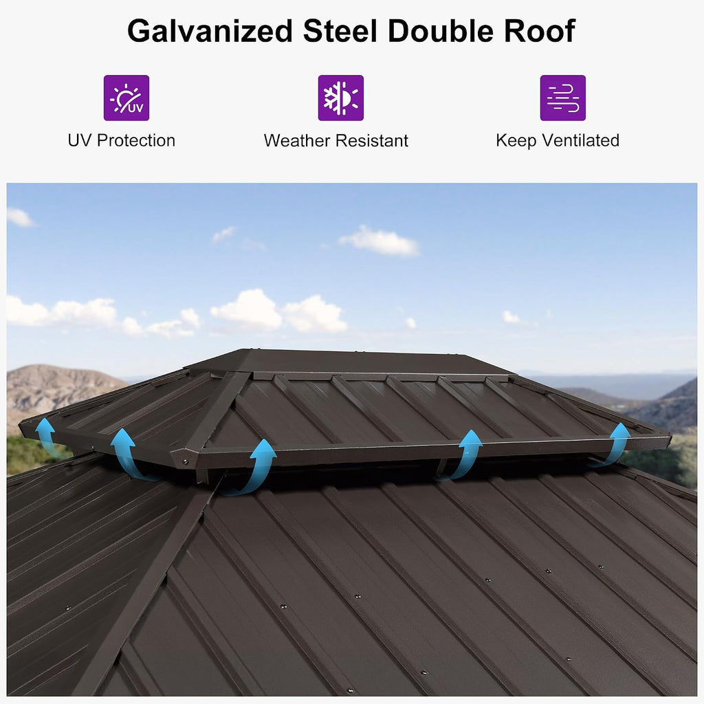 PURPLE LEAF 8' X 10' Outdoor Hardtop Gazebo Metal Frame Galvanized Steel Double Roof with Curtains and Nettings for Patio Desk Backyard Bronze