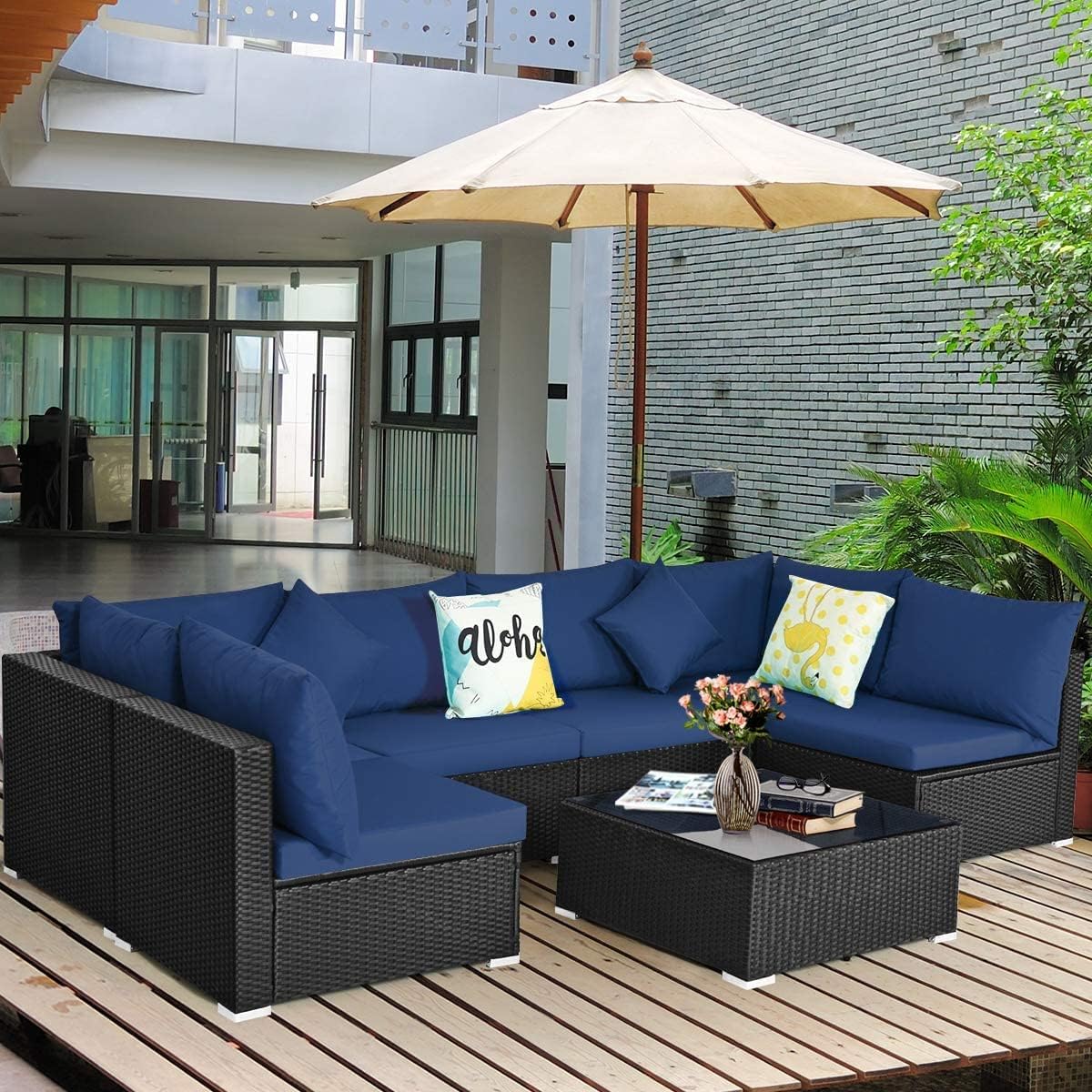 HAPPYGRILL 7 PCS Patio Furniture Set Outdoor Rattan Wicker Sectional Sofa Set with Cushions & Pillows & Coffee Table for Garden Lawn