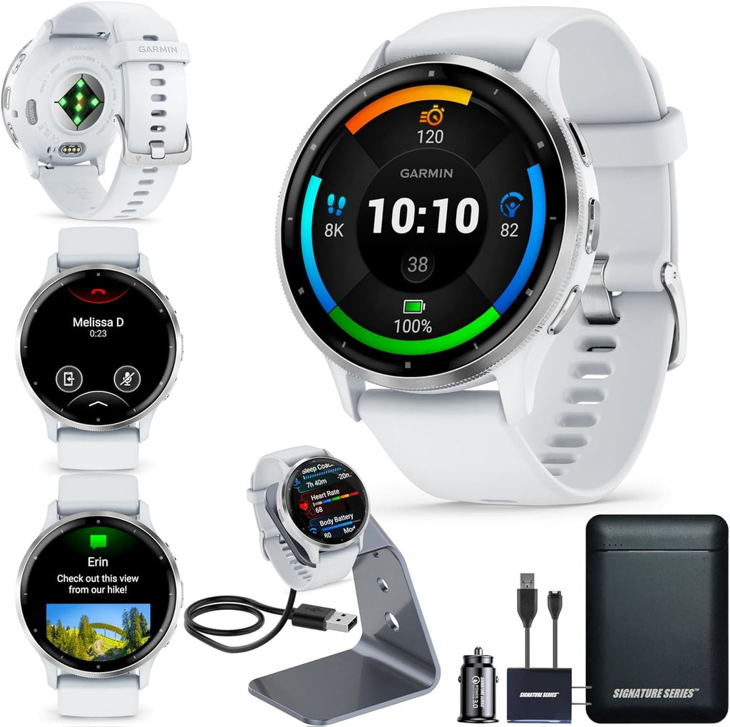 Garmin Venu 3 Running GPS Smartwatch with AMOLED Display, Advanced Health, Fitness Features, Up to 14 Day Battery Life with Signature Power Bundle | Silver with Whitestone Silicone Band
