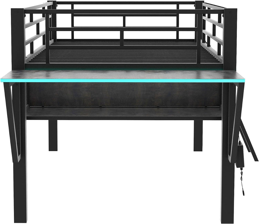 Bellemave Twin Loft Bed with Desk, Gaming mid loft Bed with Desk, LED for Adults, Teens, Kids, Black