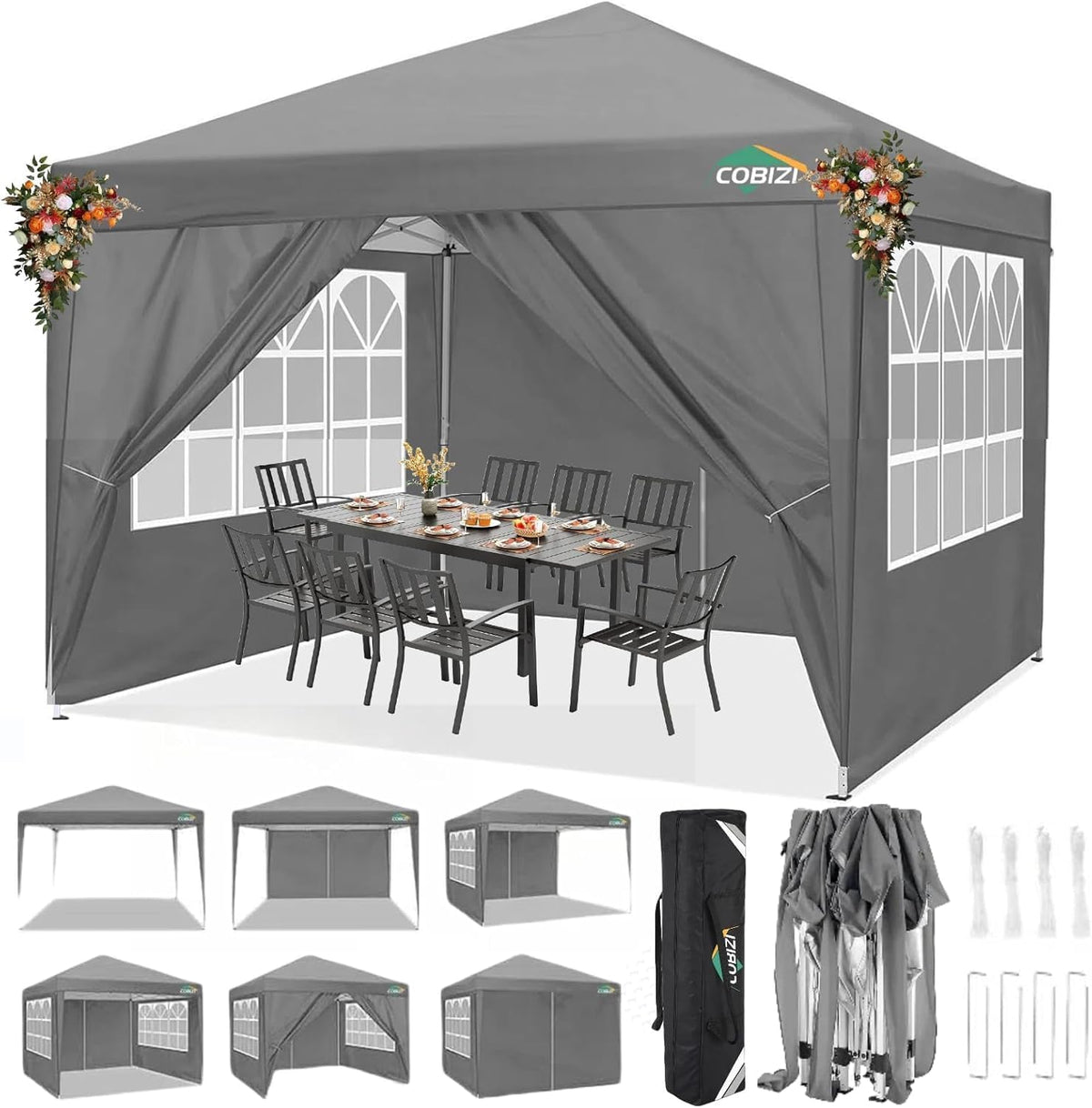 COBIZI 10x10 Pop Up Canopy Tent with 4 Sidewalls Party Tents Waterproof UPF 50+ Commercial Instant Outdoor Events Tent for Parties Markets Backyard, Ropes（10 x 10 ft Gray