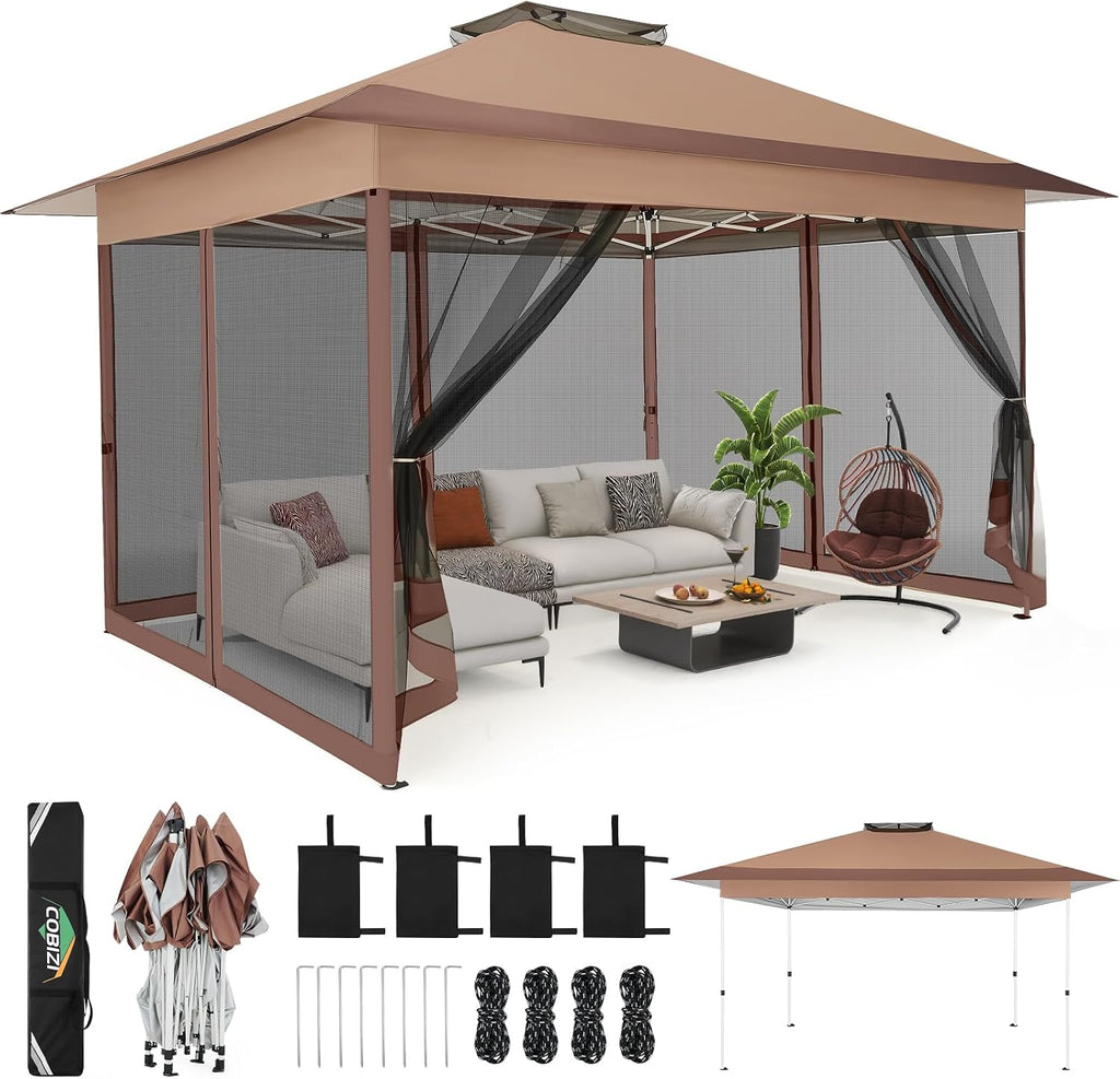 C0BIZI Gazebo 10x15 Pop up Canopy,Gazebos on Clearance-Canopy Tent with Mosquito Netting for Lawn,Garden,Backyard & Patio-Outdoor Tent-Water Resistant and UPF50+ (Brown)