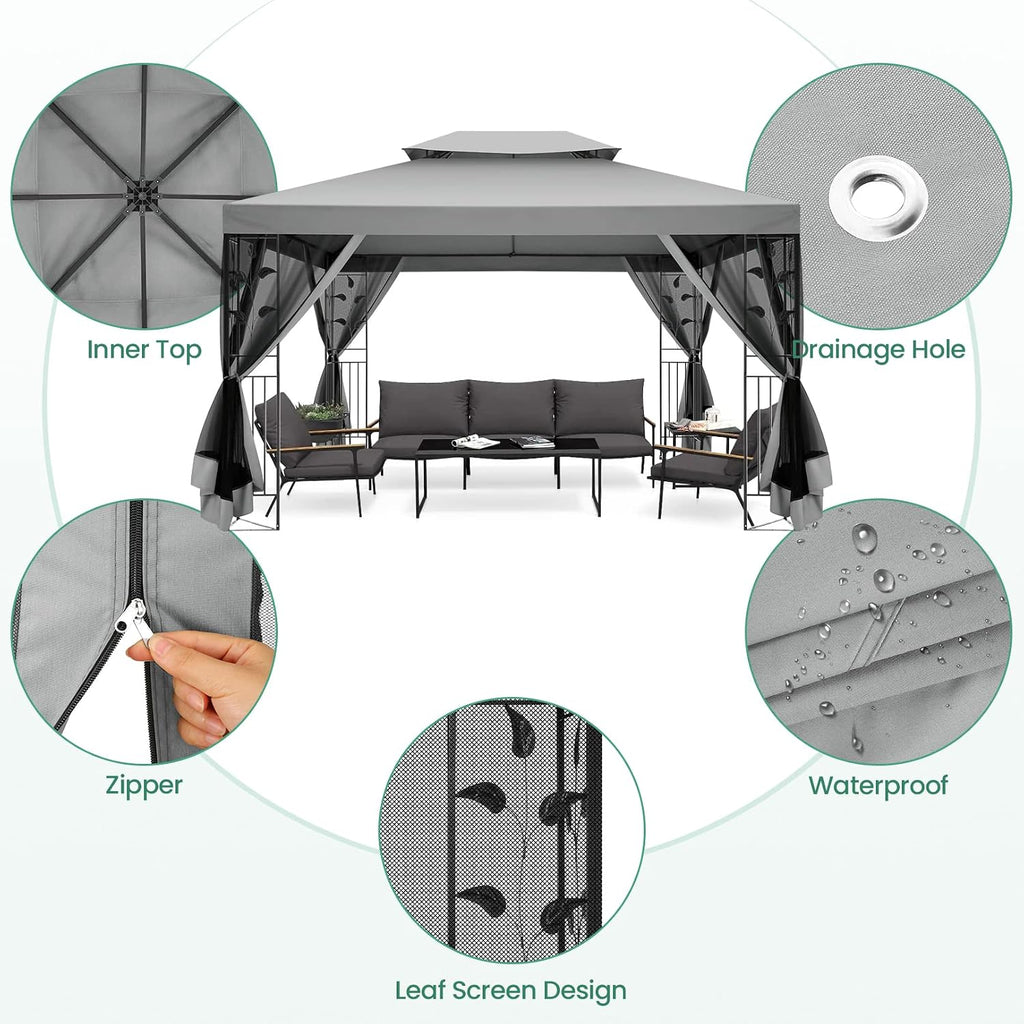 COBIZI Gazebo 10x13 Heavy Duty Gazebo with Improved Nettings Outdoor Double Roof Patio with Metal Steel Frame Outdoor Canopy Tent for Patio, Deck, Backyard (Gray, Nettings)