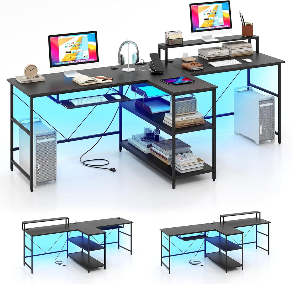 Tangkula 2-Person Reversible Computer Desk with LED Lights, 94.5' Long Office Desk with Power Outlets, Monitor Stand, Keyboard Tray & 2 Storage Shelves, Double Desk for Gaming Working Writing (Black)